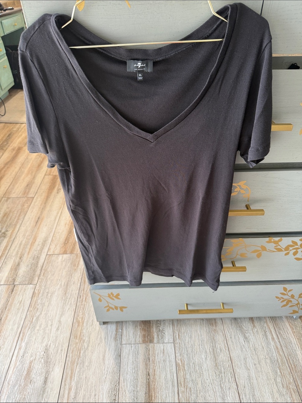 7 For All Mankind Black V-Neck Short Sleeve Tee